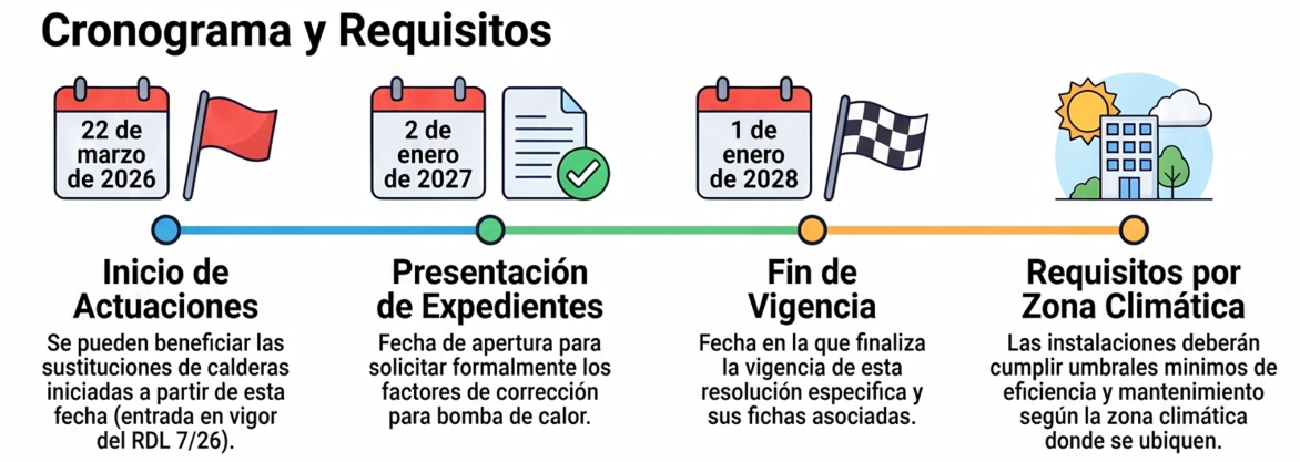 Cronograma y requisitos: inicio de actuaciones, presentación de expedientes, fin de vigencia y requisitos por zona climática